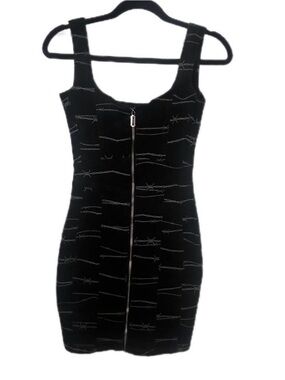 Disturbia Black Dress with White Barbed Wire Print and Front Zip